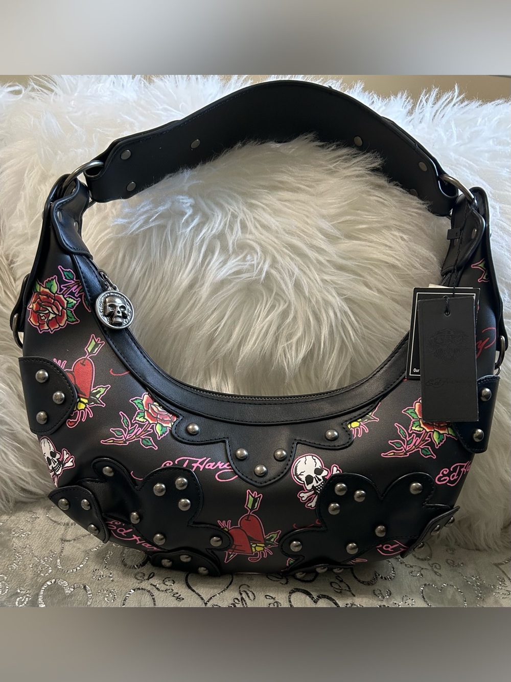 NWT Ed Hardy Medium Black Floral Skull Accent Shoulder Bag